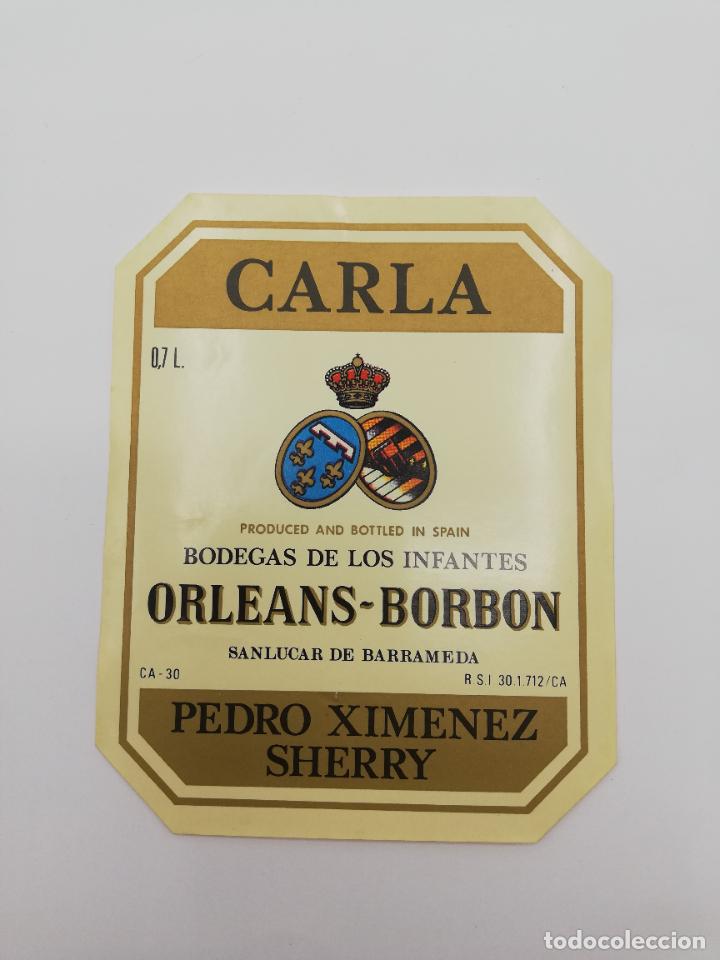 Alte Etiketten: ETIQUETA. CARLA. BODEGAS DE LOS INFANTES ORLEANS-BORBON. PEDRO XIMENEZ SHERRY. SANLUCAR DE BARRAMEDA