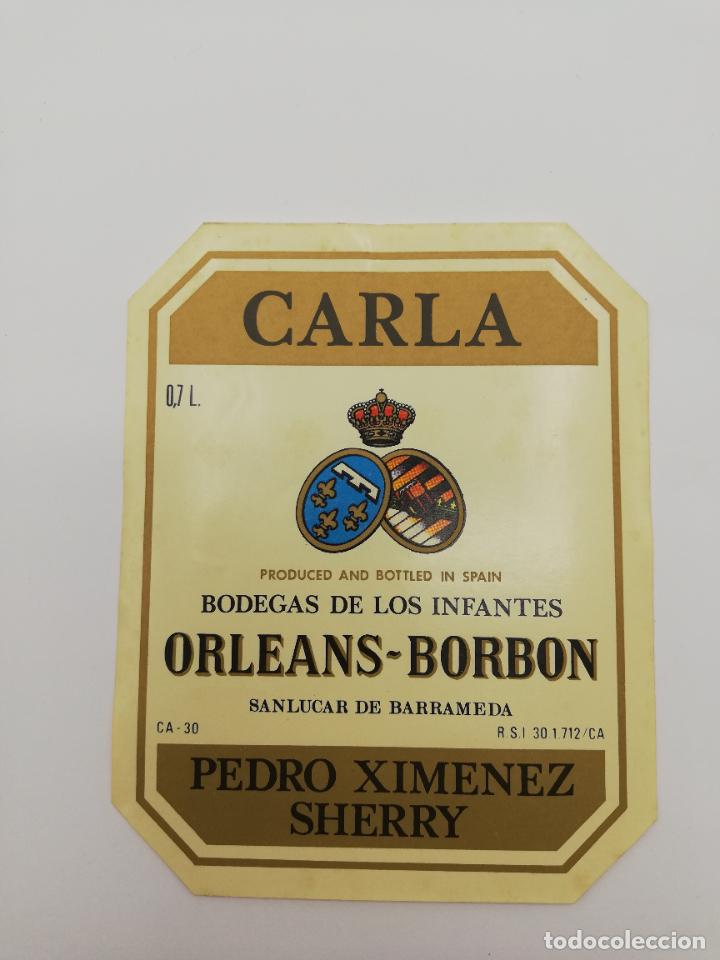 Alte Etiketten: ETIQUETA. CARLA. BODEGAS DE LOS INFANTES ORLEANS-BORBON. PEDRO XIMENEZ SHERRY. SANLUCAR DE BARRAMEDA