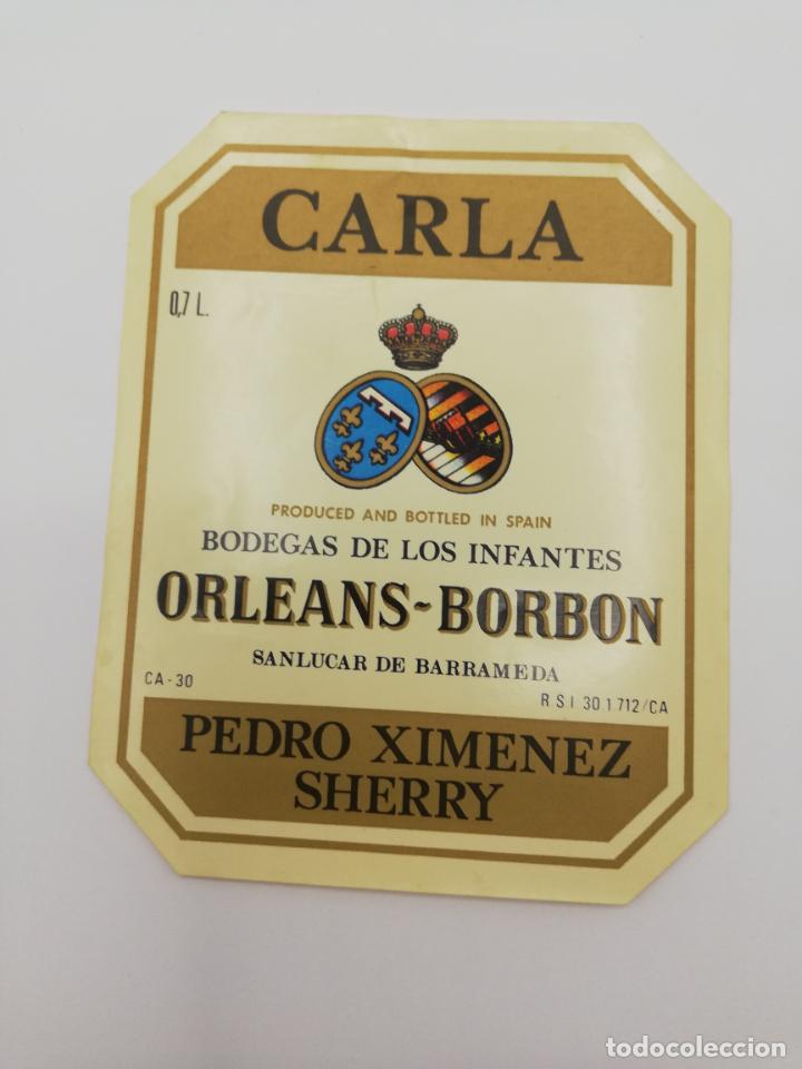Alte Etiketten: ETIQUETA. CARLA. BODEGAS DE LOS INFANTES ORLEANS-BORBON. PEDRO XIMENEZ SHERRY. SANLUCAR DE BARRAMEDA