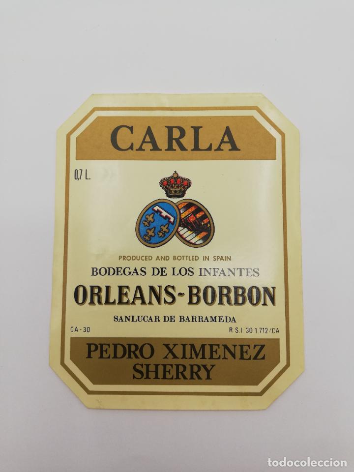 Alte Etiketten: ETIQUETA. CARLA. BODEGAS DE LOS INFANTES ORLEANS-BORBON. PEDRO XIMENEZ SHERRY. SANLUCAR DE BARRAMEDA