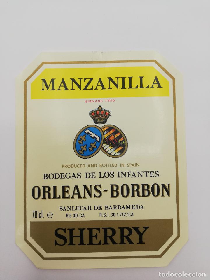 Alte Etiketten: ETIQUETA. MANZANILLA. BODEGAS DE LOS INFANTES ORLEANS-BORBON. SHERRY. SANLUCAR DE BARRAMEDA.