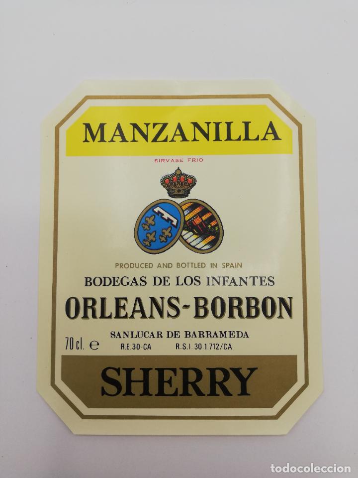 Alte Etiketten: ETIQUETA. MANZANILLA. BODEGAS DE LOS INFANTES ORLEANS-BORBON. SHERRY. SANLUCAR DE BARRAMEDA.