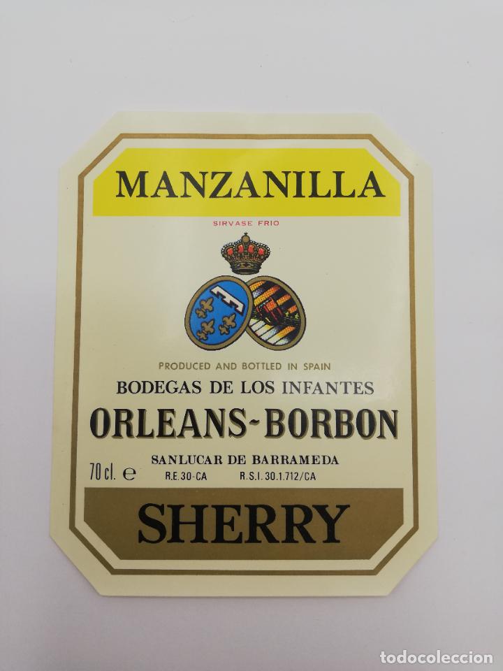 Alte Etiketten: ETIQUETA. MANZANILLA. BODEGAS DE LOS INFANTES ORLEANS-BORBON. SHERRY. SANLUCAR DE BARRAMEDA.