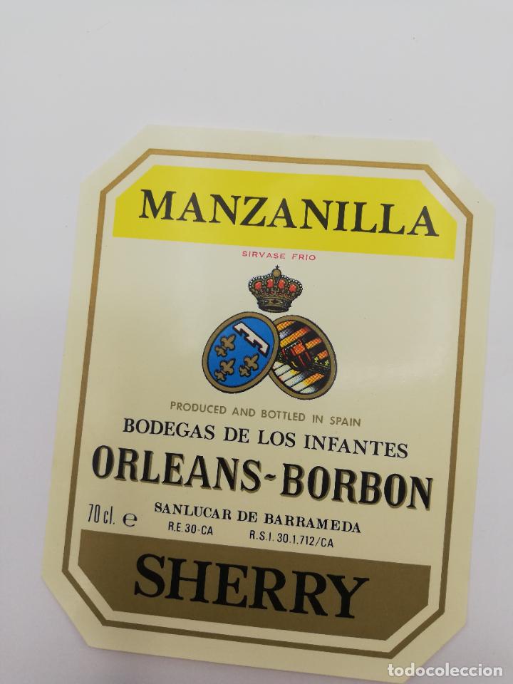 Alte Etiketten: ETIQUETA. MANZANILLA. BODEGAS DE LOS INFANTES ORLEANS-BORBON. SHERRY. SANLUCAR DE BARRAMEDA.
