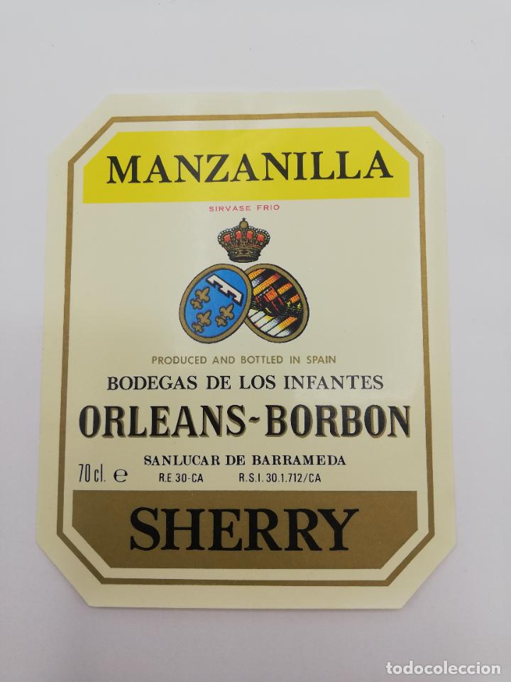 Alte Etiketten: ETIQUETA. MANZANILLA. BODEGAS DE LOS INFANTES ORLEANS-BORBON. SHERRY. SANLUCAR DE BARRAMEDA.