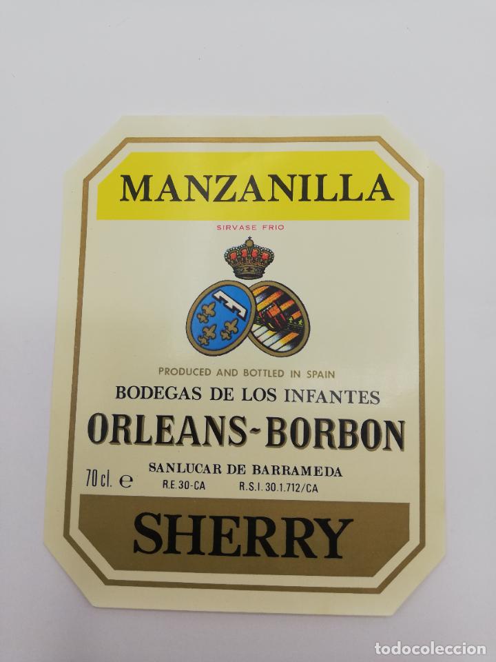 Alte Etiketten: ETIQUETA. MANZANILLA. BODEGAS DE LOS INFANTES ORLEANS-BORBON. SHERRY. SANLUCAR DE BARRAMEDA.