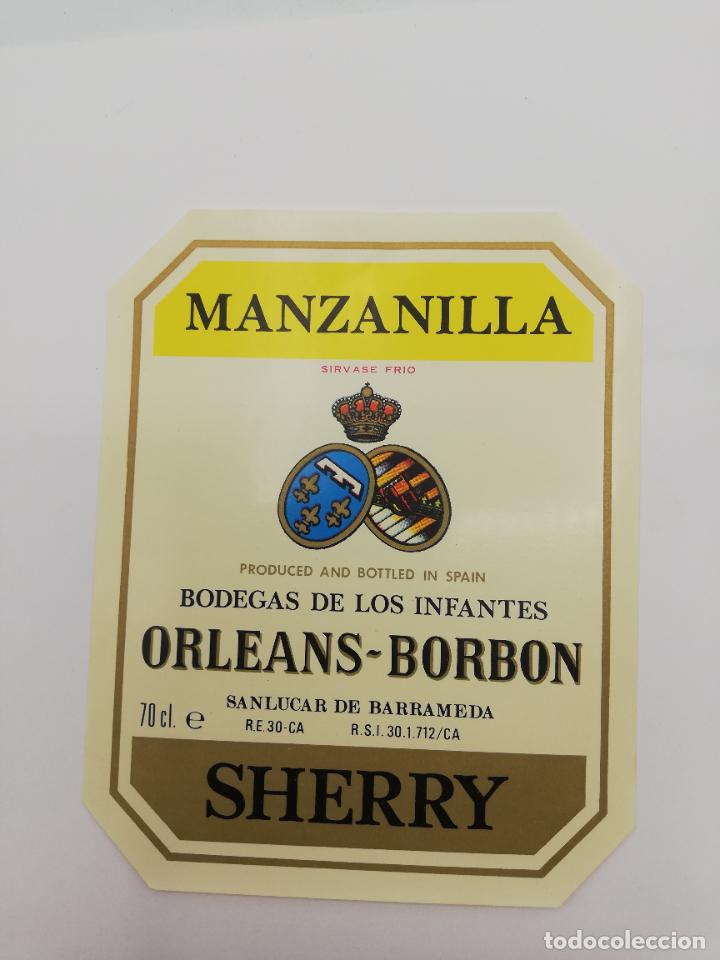 Alte Etiketten: ETIQUETA. MANZANILLA. BODEGAS DE LOS INFANTES ORLEANS-BORBON. SHERRY. SANLUCAR DE BARRAMEDA.
