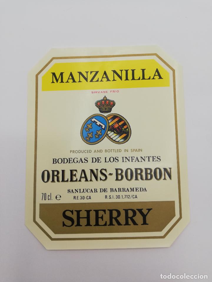 Alte Etiketten: ETIQUETA. MANZANILLA. BODEGAS DE LOS INFANTES ORLEANS-BORBON. SHERRY. SANLUCAR DE BARRAMEDA.