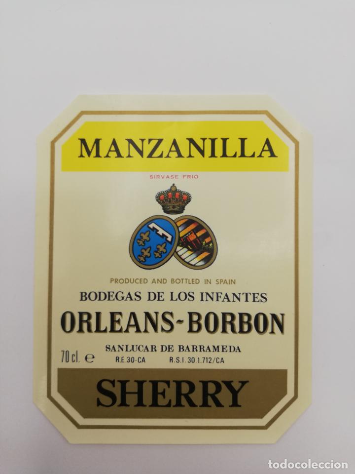 Alte Etiketten: ETIQUETA. MANZANILLA. BODEGAS DE LOS INFANTES ORLEANS-BORBON. SHERRY. SANLUCAR DE BARRAMEDA.