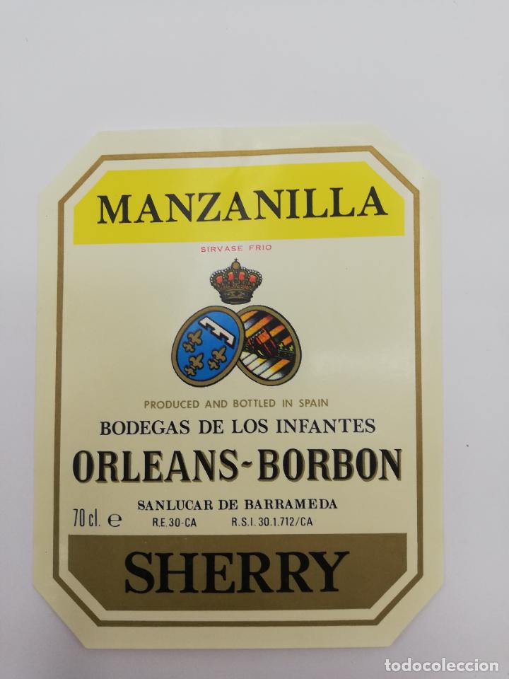 Alte Etiketten: ETIQUETA. MANZANILLA. BODEGAS DE LOS INFANTES ORLEANS-BORBON. SHERRY. SANLUCAR DE BARRAMEDA.
