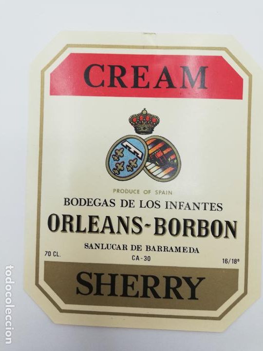 Alte Etiketten: ETIQUETA. CREAM. BODEGAS DE LOS INFANTES ORLEANS-BORBON. SHERRY. SANLUCAR DE BARRAMEDA.