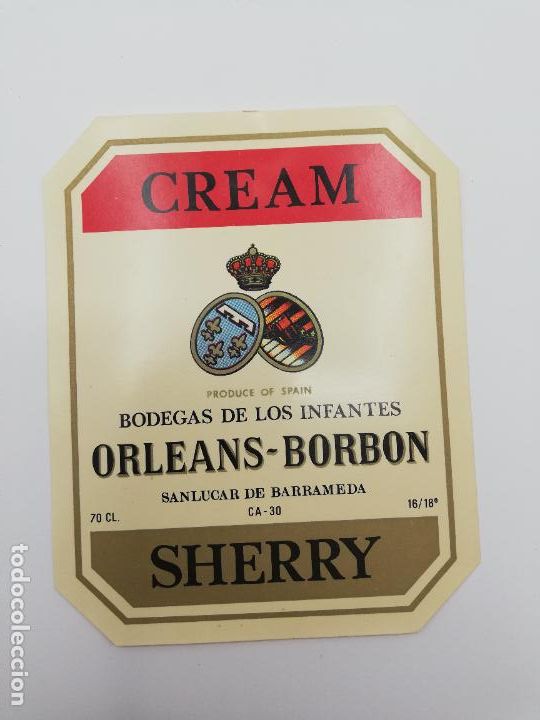 Alte Etiketten: ETIQUETA. CREAM. BODEGAS DE LOS INFANTES ORLEANS-BORBON. SHERRY. SANLUCAR DE BARRAMEDA.