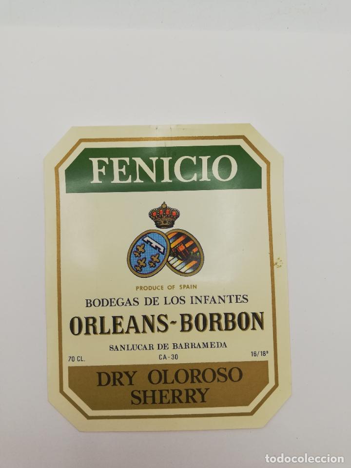 Alte Etiketten: ETIQUETA. FENICIO. BODEGAS DE LOS INFANTES ORLEANS-BORBON. DRY OLOROSO SHERRY. SANLUCAR DE BARRAMEDA