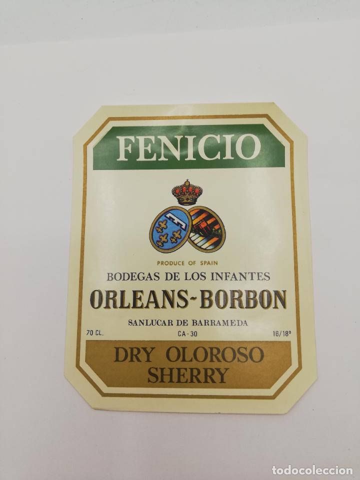 Alte Etiketten: ETIQUETA. FENICIO. BODEGAS DE LOS INFANTES ORLEANS-BORBON. DRY OLOROSO SHERRY. SANLUCAR DE BARRAMEDA