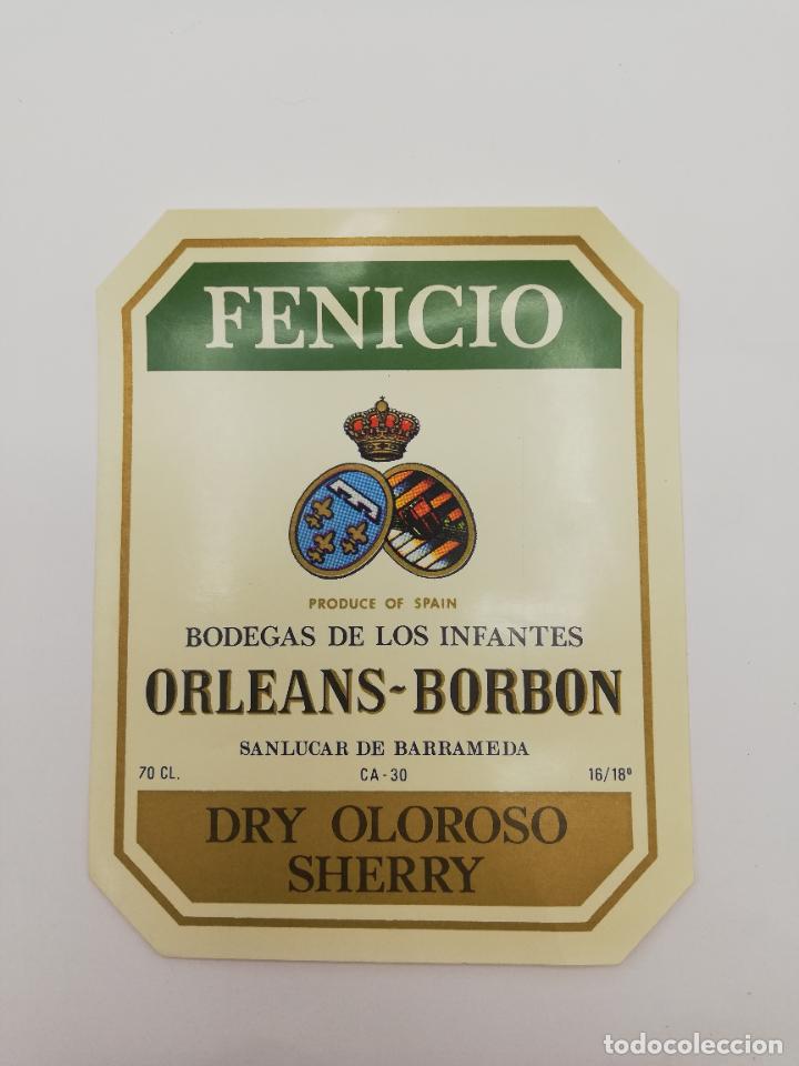 Alte Etiketten: ETIQUETA. FENICIO. BODEGAS DE LOS INFANTES ORLEANS-BORBON. DRY OLOROSO SHERRY. SANLUCAR DE BARRAMEDA