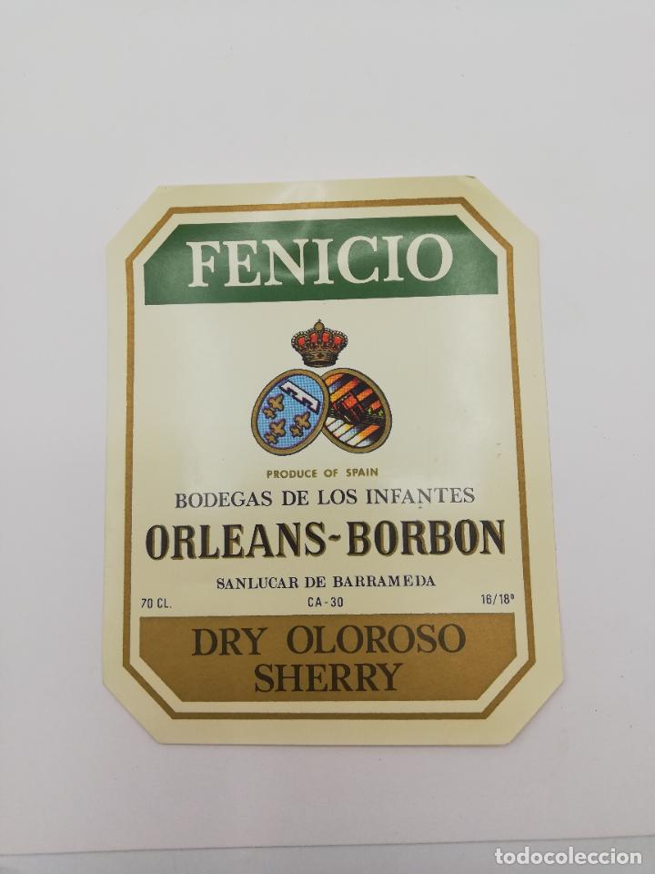 Alte Etiketten: ETIQUETA. FENICIO. BODEGAS DE LOS INFANTES ORLEANS-BORBON. DRY OLOROSO SHERRY. SANLUCAR DE BARRAMEDA
