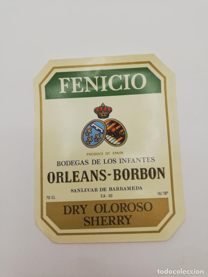 Alte Etiketten: ETIQUETA. FENICIO. BODEGAS DE LOS INFANTES ORLEANS-BORBON. DRY OLOROSO SHERRY. SANLUCAR DE BARRAMEDA