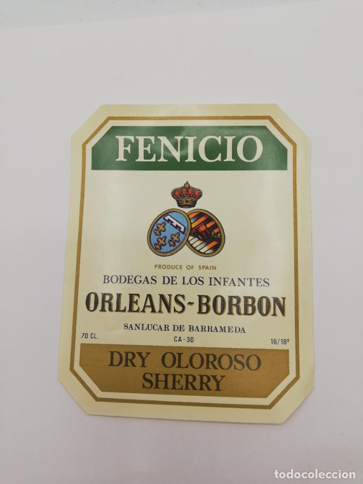 Alte Etiketten: ETIQUETA. FENICIO. BODEGAS DE LOS INFANTES ORLEANS-BORBON. DRY OLOROSO SHERRY. SANLUCAR DE BARRAMEDA