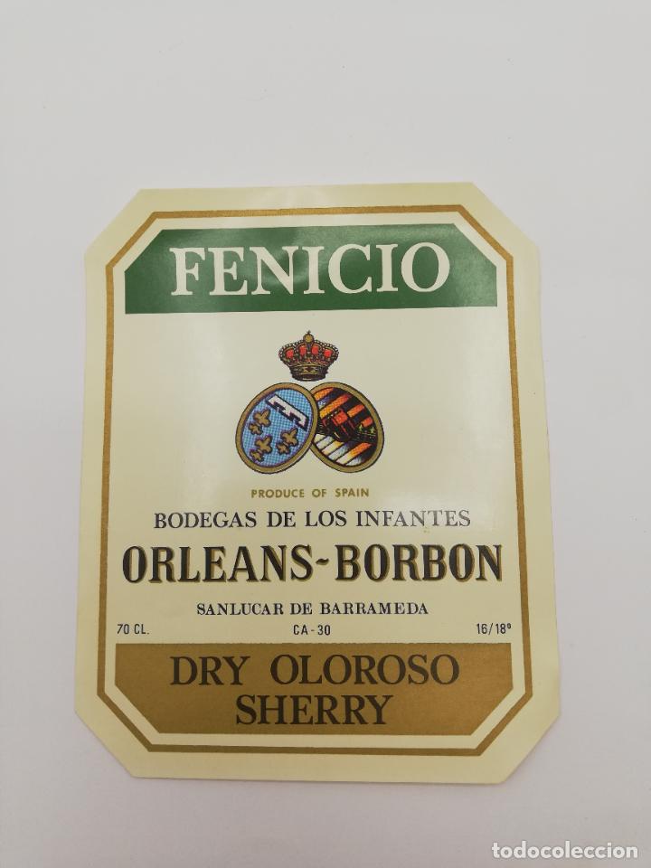 Alte Etiketten: ETIQUETA. FENICIO. BODEGAS DE LOS INFANTES ORLEANS-BORBON. DRY OLOROSO SHERRY. SANLUCAR DE BARRAMEDA
