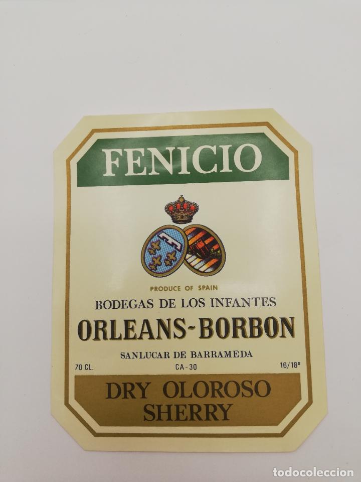 Alte Etiketten: ETIQUETA. FENICIO. BODEGAS DE LOS INFANTES ORLEANS-BORBON. DRY OLOROSO SHERRY. SANLUCAR DE BARRAMEDA