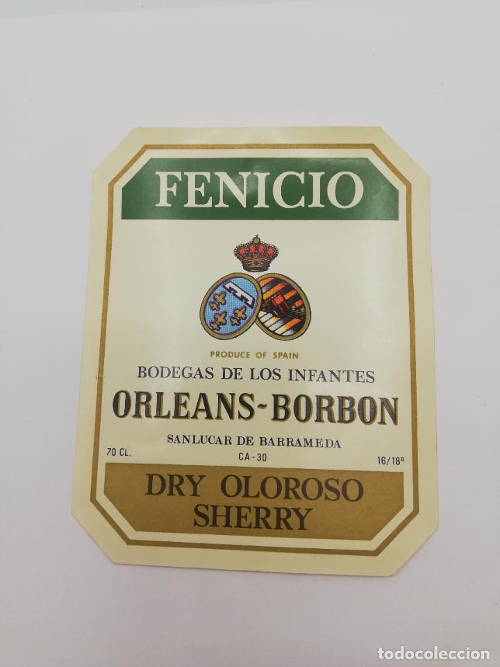 Alte Etiketten: ETIQUETA. FENICIO. BODEGAS DE LOS INFANTES ORLEANS-BORBON. DRY OLOROSO SHERRY. SANLUCAR DE BARRAMEDA