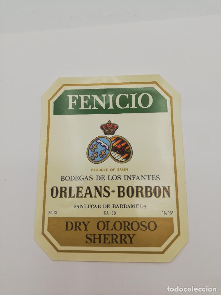 Alte Etiketten: ETIQUETA. FENICIO. BODEGAS DE LOS INFANTES ORLEANS-BORBON. DRY OLOROSO SHERRY. SANLUCAR DE BARRAMEDA