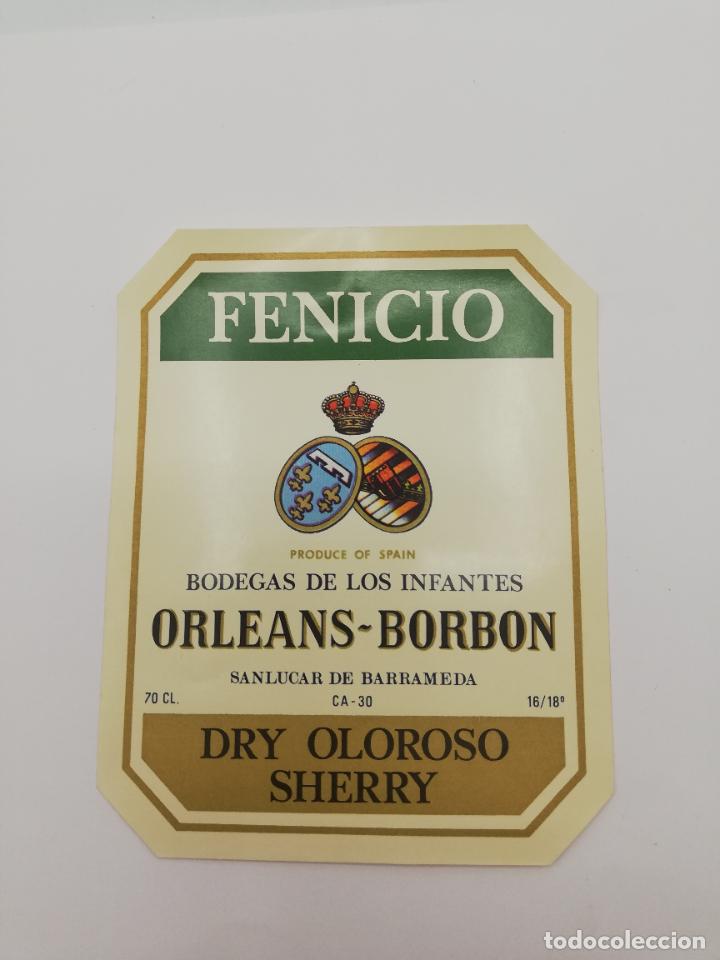 Alte Etiketten: ETIQUETA. FENICIO. BODEGAS DE LOS INFANTES ORLEANS-BORBON. DRY OLOROSO SHERRY. SANLUCAR DE BARRAMEDA