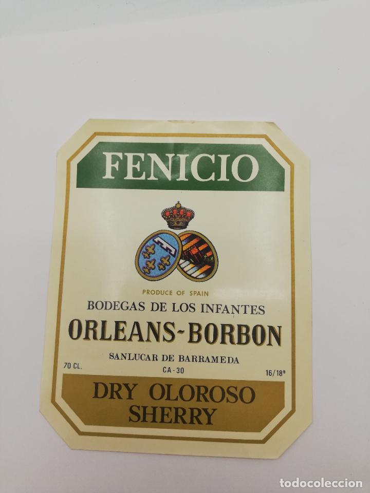 Alte Etiketten: ETIQUETA. FENICIO. BODEGAS DE LOS INFANTES ORLEANS-BORBON. DRY OLOROSO SHERRY. SANLUCAR DE BARRAMEDA