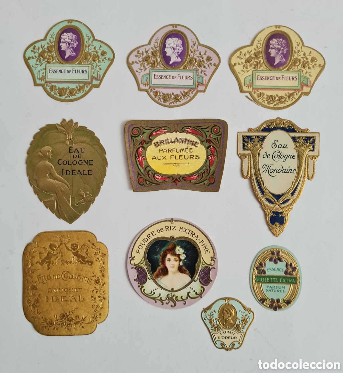Etiquetas antiguas: 10 Antiguas Etiquetas de Perfume Franc&eacute;s - Eau Cologne Art Nouveau - Mondaine Poudre de Riz - France