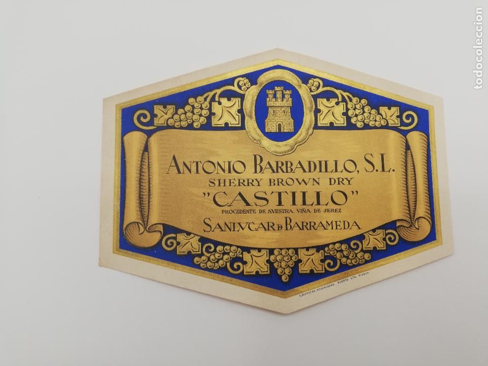Alte Etiketten: ETIQUETA. ANTONIO BARBADILLO. SHERRY BROWN DRY. CASTILLO. SANLUCAR DE BARRAMEDA.
