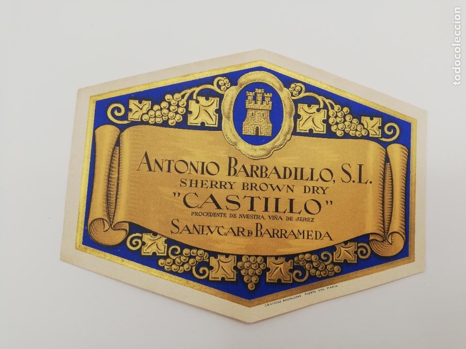 Alte Etiketten: ETIQUETA. ANTONIO BARBADILLO. SHERRY BROWN DRY. CASTILLO. SANLUCAR DE BARRAMEDA.