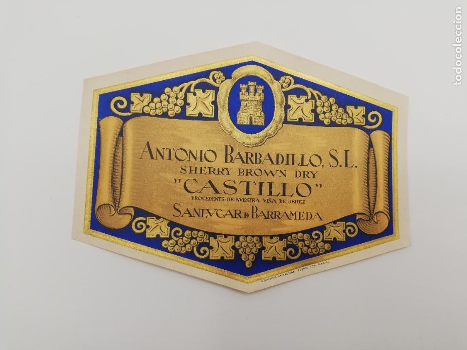 Alte Etiketten: ETIQUETA. ANTONIO BARBADILLO. SHERRY BROWN DRY. CASTILLO. SANLUCAR DE BARRAMEDA.