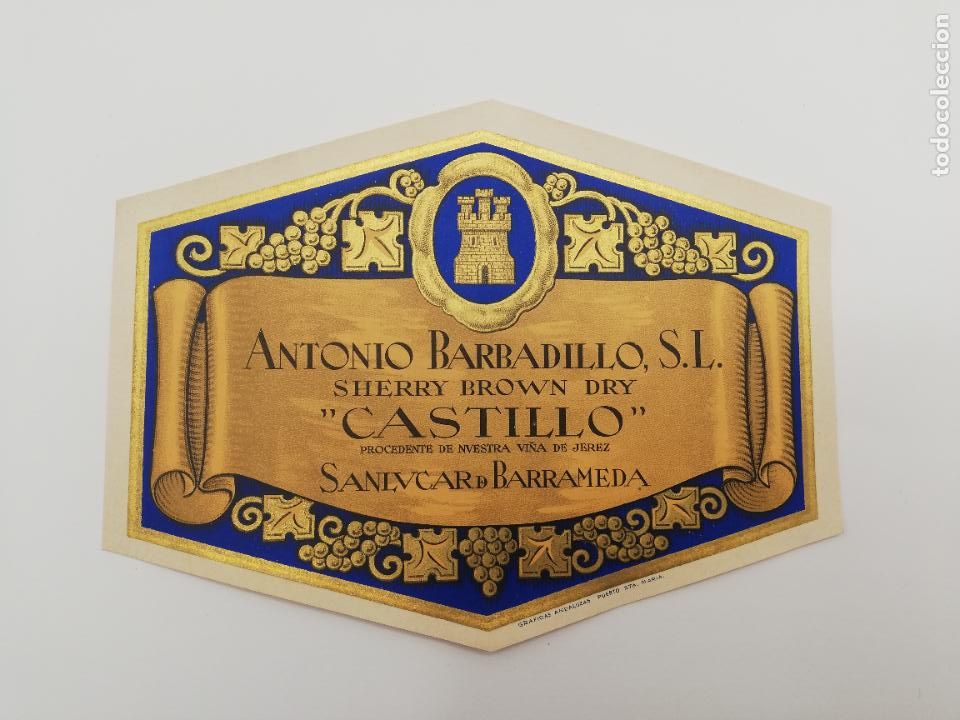 Alte Etiketten: ETIQUETA. ANTONIO BARBADILLO. SHERRY BROWN DRY. CASTILLO. SANLUCAR DE BARRAMEDA.