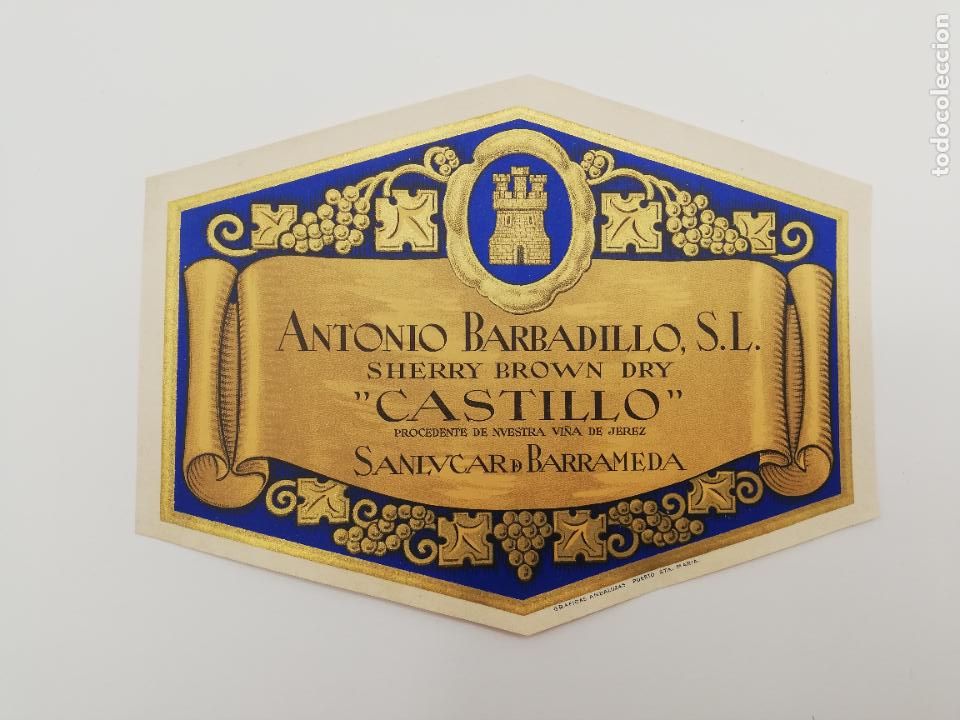 Alte Etiketten: ETIQUETA. ANTONIO BARBADILLO. SHERRY BROWN DRY. CASTILLO. SANLUCAR DE BARRAMEDA.