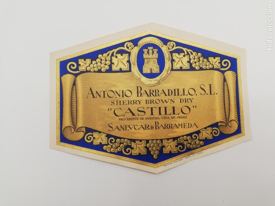 Alte Etiketten: ETIQUETA. ANTONIO BARBADILLO. SHERRY BROWN DRY. CASTILLO. SANLUCAR DE BARRAMEDA.