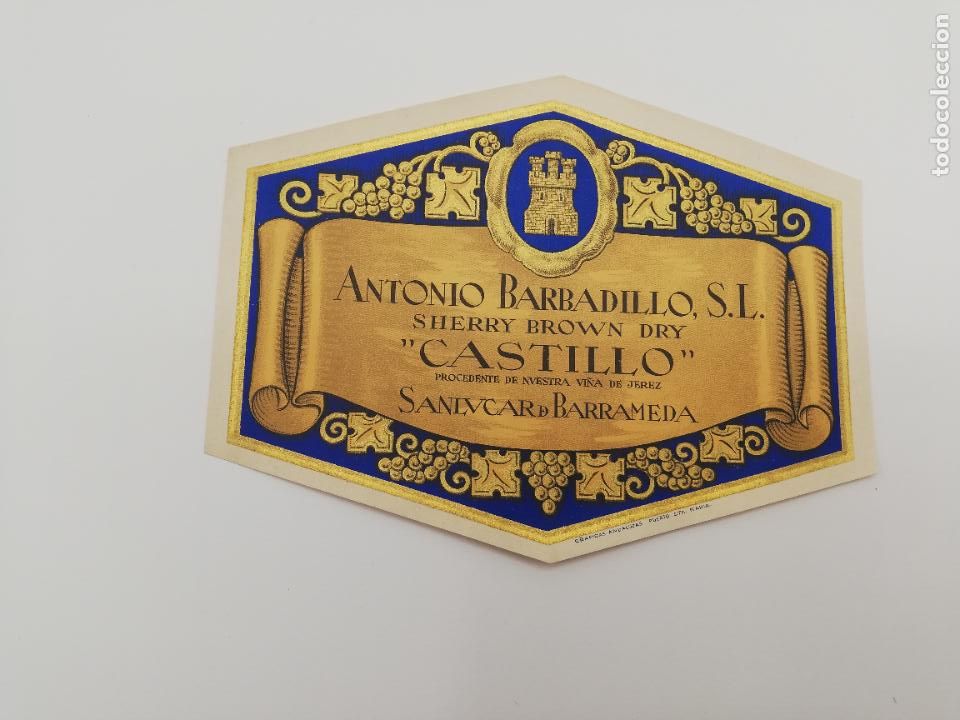Alte Etiketten: ETIQUETA. ANTONIO BARBADILLO. SHERRY BROWN DRY. CASTILLO. SANLUCAR DE BARRAMEDA.