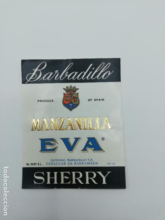 Alte Etiketten: ETIQUETA. BARBADILLO. MANZANILLA EVA. ANTONIO BARBADILLO. SHERRY. SANLUCAR DE BARRAMEDA.