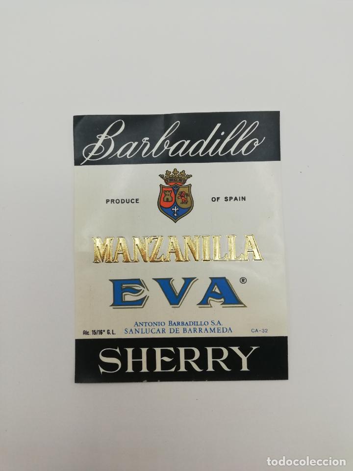 Alte Etiketten: ETIQUETA. BARBADILLO. MANZANILLA EVA. ANTONIO BARBADILLO. SHERRY. SANLUCAR DE BARRAMEDA.