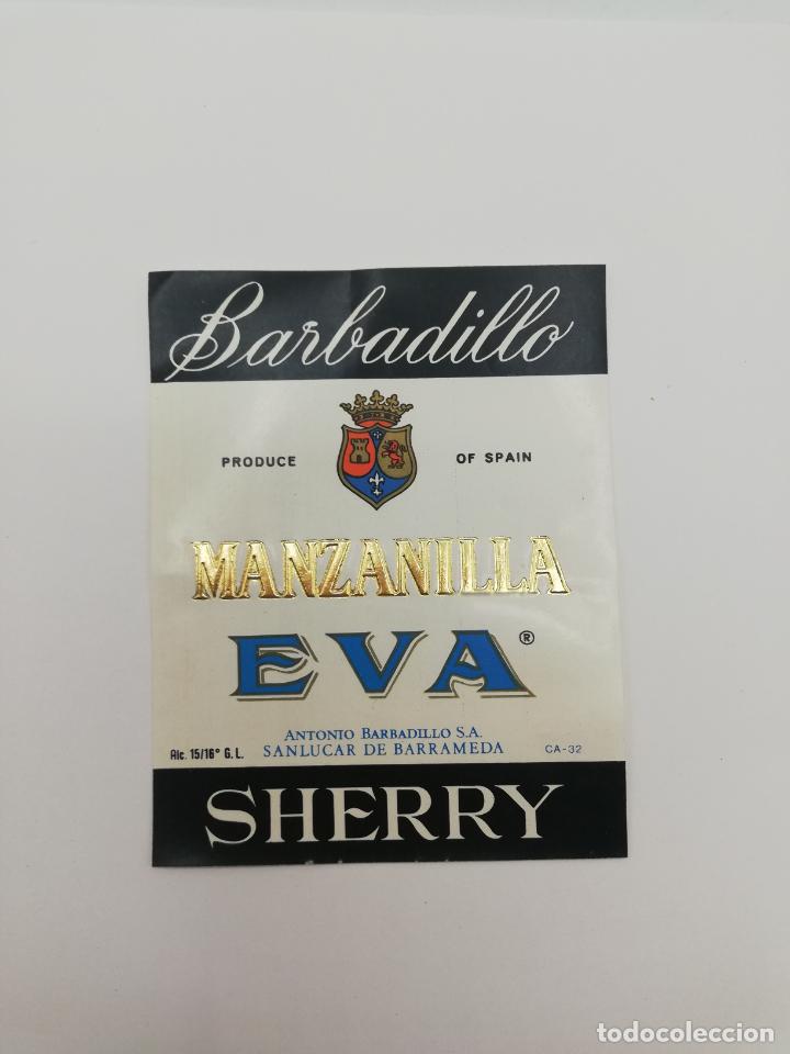 Alte Etiketten: ETIQUETA. BARBADILLO. MANZANILLA EVA. ANTONIO BARBADILLO. SHERRY. SANLUCAR DE BARRAMEDA.