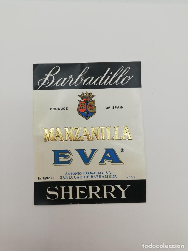 Alte Etiketten: ETIQUETA. BARBADILLO. MANZANILLA EVA. ANTONIO BARBADILLO. SHERRY. SANLUCAR DE BARRAMEDA.