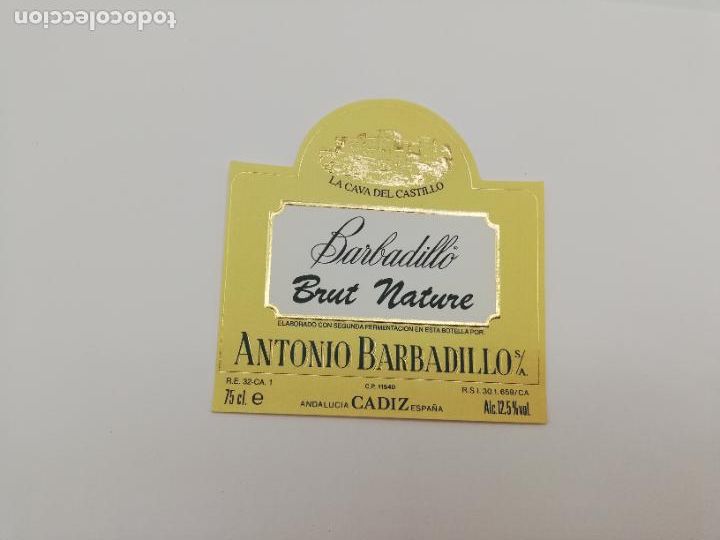 Etichette antiche: ETIQUETA. BARBADILLO. BRUT NATURE. ANTONIO BARBADILO. LA CAVA DEL CASTILLO. CADIZ.