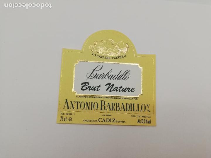 Etichette antiche: ETIQUETA. BARBADILLO. BRUT NATURE. ANTONIO BARBADILO. LA CAVA DEL CASTILLO. CADIZ.