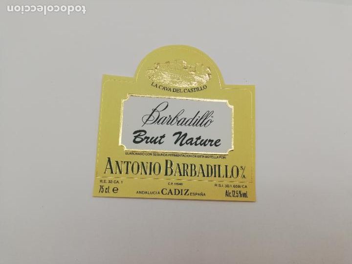 Etichette antiche: ETIQUETA. BARBADILLO. BRUT NATURE. ANTONIO BARBADILO. LA CAVA DEL CASTILLO. CADIZ.
