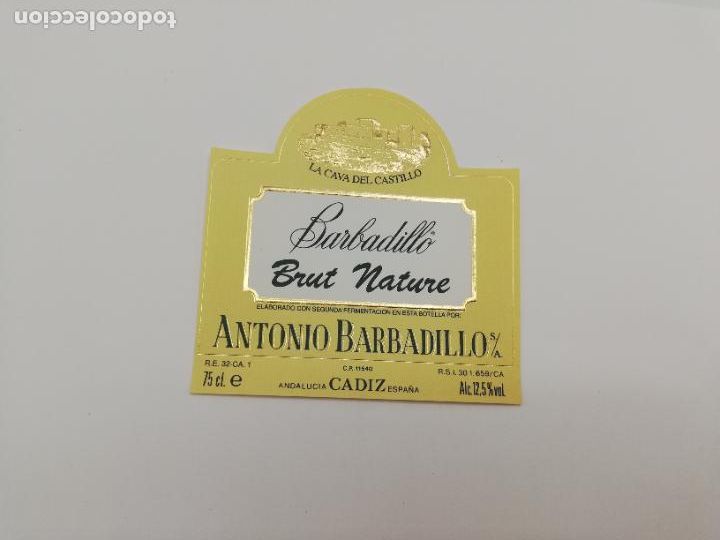 Etichette antiche: ETIQUETA. BARBADILLO. BRUT NATURE. ANTONIO BARBADILO. LA CAVA DEL CASTILLO. CADIZ.