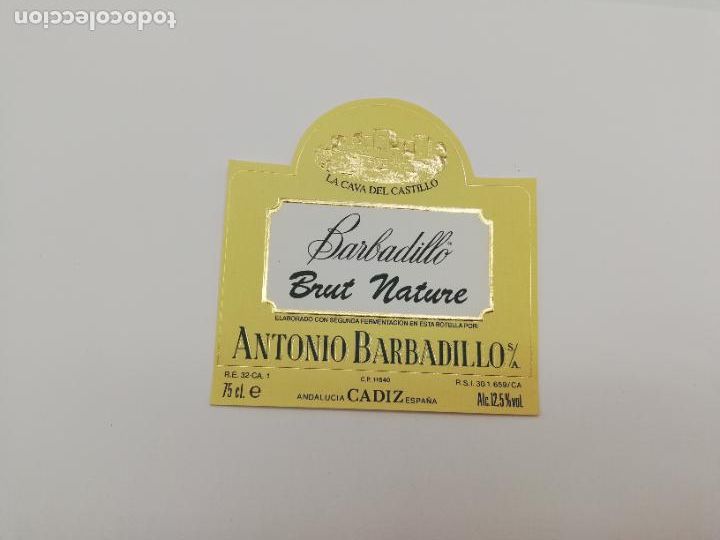 Old Labels: ETIQUETA. BARBADILLO. BRUT NATURE. ANTONIO BARBADILO. LA CAVA DEL CASTILLO. CADIZ.