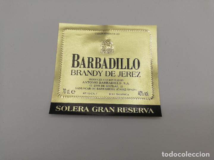 Old Labels: ETIQUETA. BARBADILLO. BRANDY DE JEREZ. SOLERA GRAN RESERVA.ANTONIO BARBADILLO. SANLUCAR DE BARRAMEDA