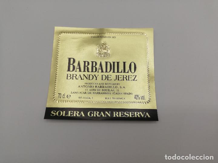 Old Labels: ETIQUETA. BARBADILLO. BRANDY DE JEREZ. SOLERA GRAN RESERVA.ANTONIO BARBADILLO. SANLUCAR DE BARRAMEDA