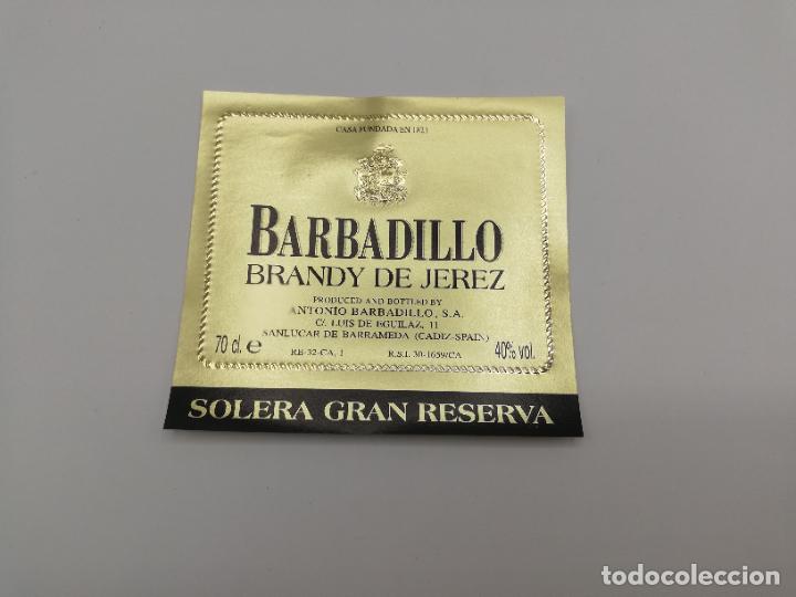 Old Labels: ETIQUETA. BARBADILLO. BRANDY DE JEREZ. SOLERA GRAN RESERVA.ANTONIO BARBADILLO. SANLUCAR DE BARRAMEDA
