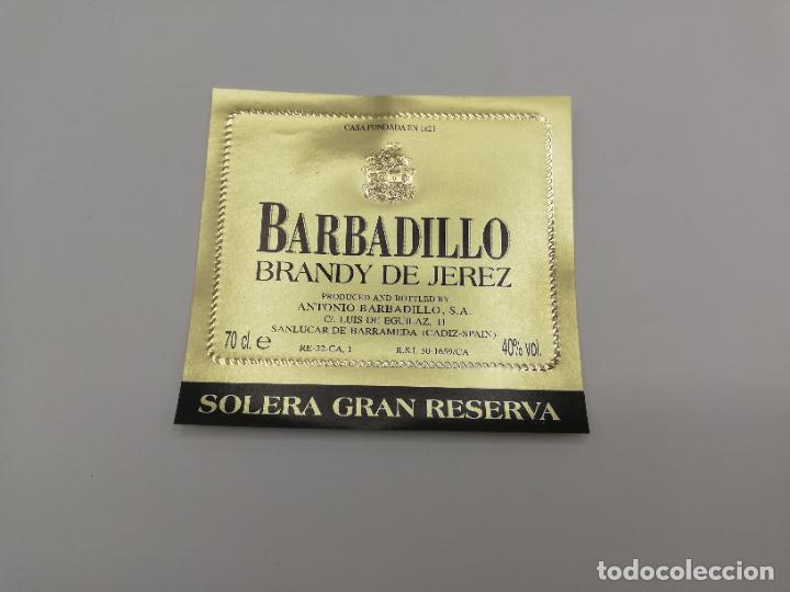 Old Labels: ETIQUETA. BARBADILLO. BRANDY DE JEREZ. SOLERA GRAN RESERVA.ANTONIO BARBADILLO. SANLUCAR DE BARRAMEDA