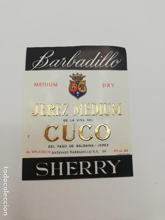 Alte Etiketten: ETIQUETA. BARBADILLO. JEREZ MEDIUM. CUCO. ANTONIO BARBADILLO. SHERRY.